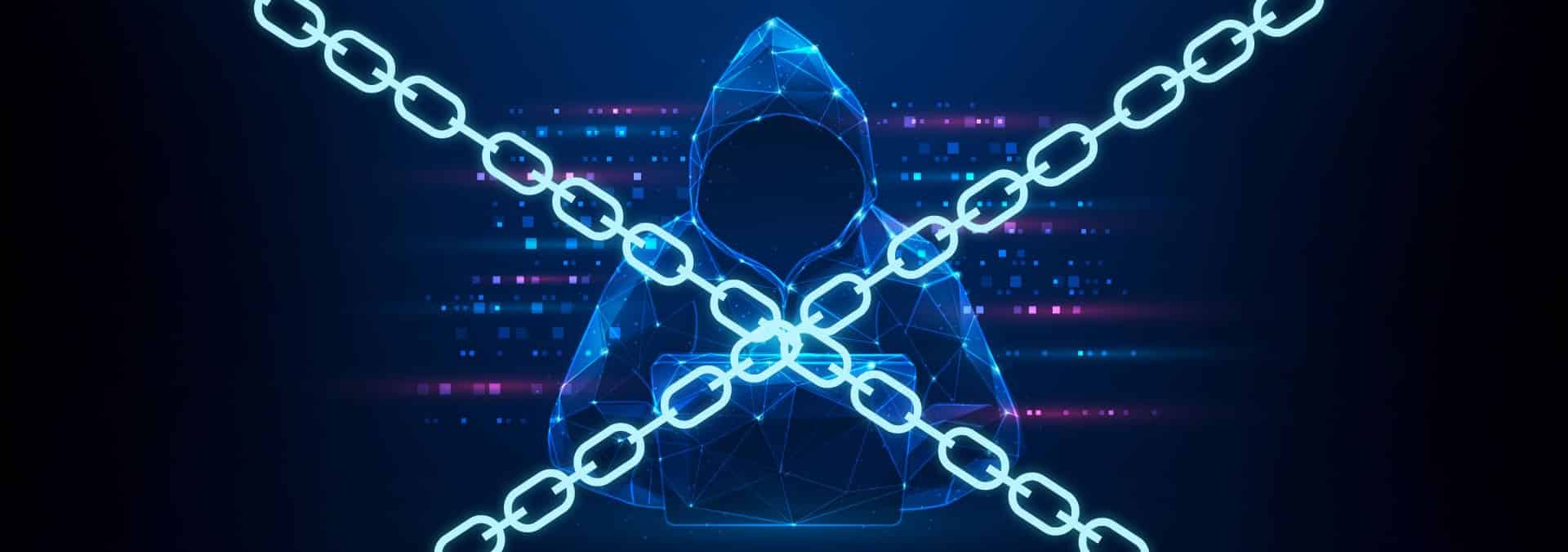 a hacker in a hood being blocked out with chains.